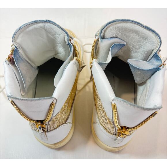 Giusseppi Zanotti Hightop Sneakers Womens 40 10 White Leather Gold Studded Boot - Picture 13 of 16